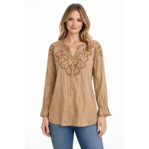 Soft Surroundings Boho Embroidered Blouse Tan Lyocell Lace Top XS Anthro